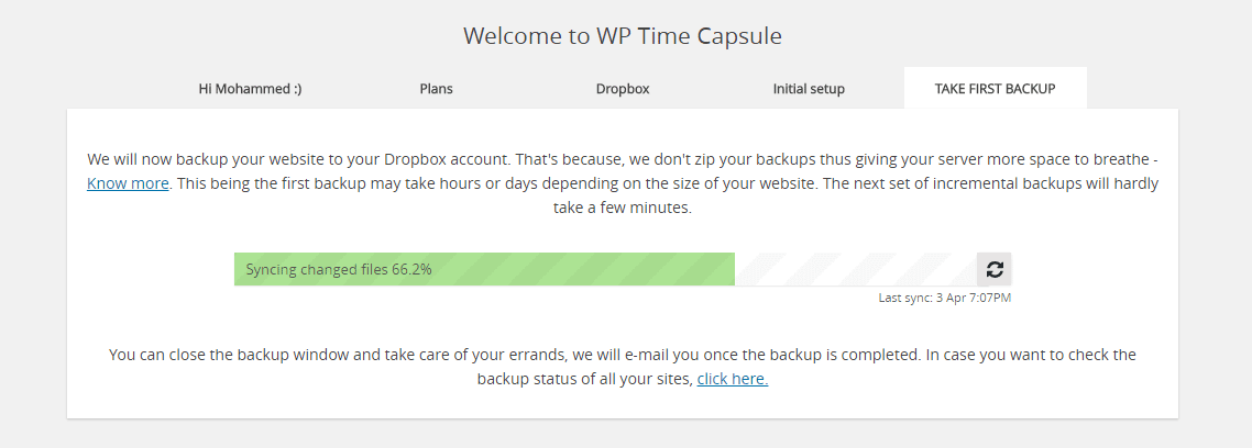 WP TIME CAPSULE FIRST BACKUP