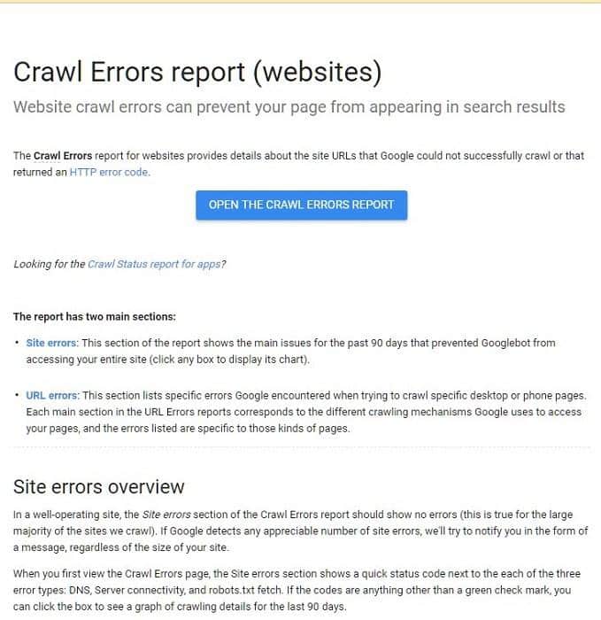 GOOGLE CRAWL ERRORS REPORT